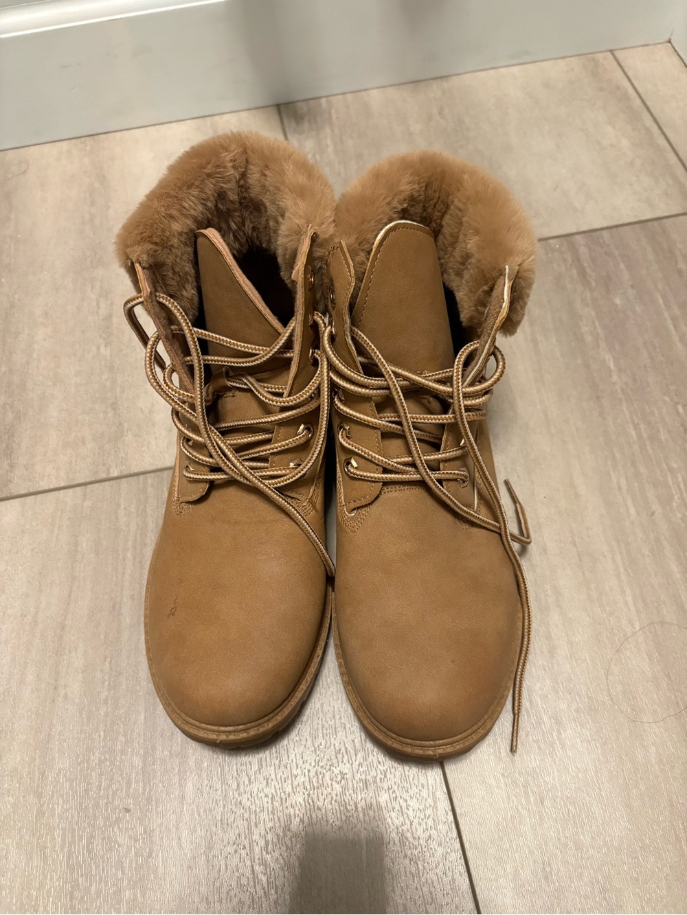 Charlotte Russe Tan Faux Fur Lace-Up Boots